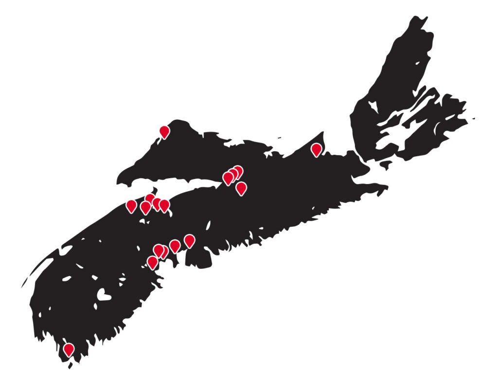 map of nova scotia with pins showing macquarries pharmasave locations