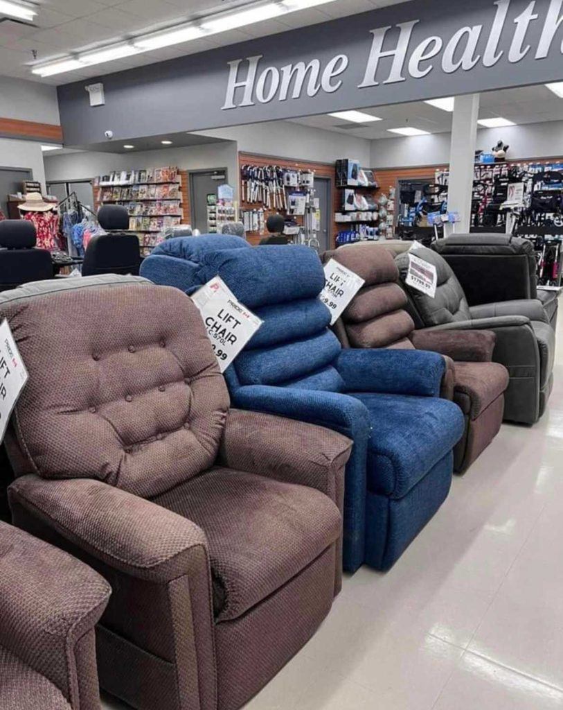 Interior of home health care store showing multiple lift chairs sitting side by side