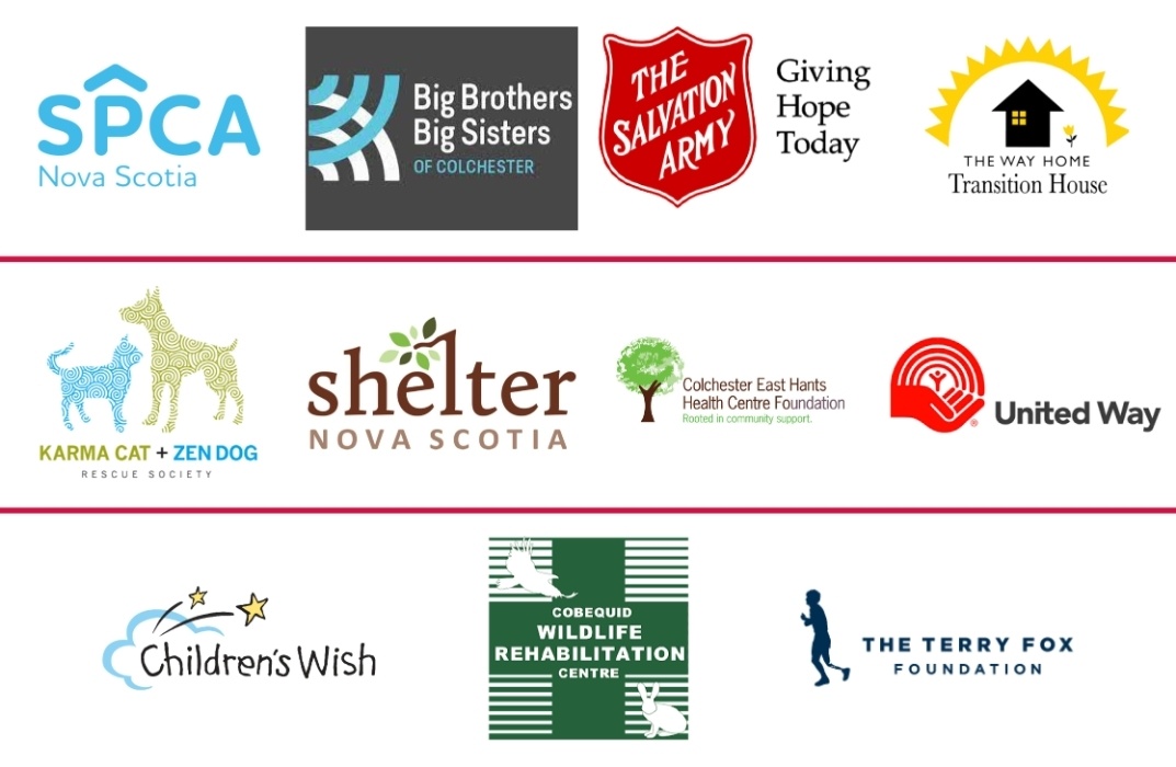 Graphic of multiple logos of non-profit organizations such as the SPCA and Big Brothers of Colchester