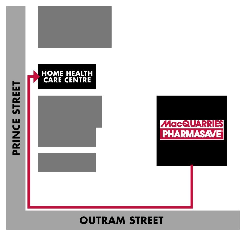 Map of Truro Pharmasave location showing the intersection of Outram Street and Prince Street